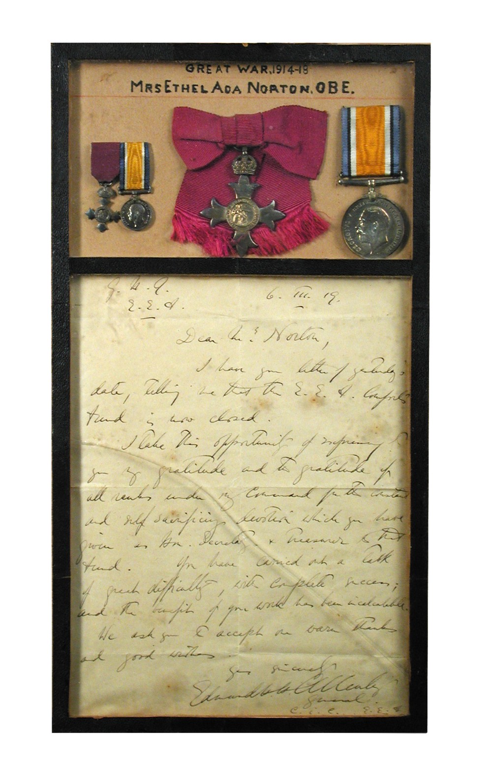 An Order of the British Empire, to Mrs Ethel Ada Norton, mounted in a frame, with a Great War