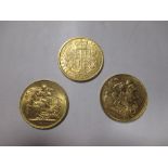 Three gold sovereigns, 1872 and two 1891