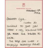 HRH Diana, Princess of Wales, a personal letter on red bordered Kensington Palace paper, dated