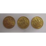 Three half sovereigns, one dated 1913 and two dated 1914