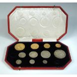 An Edward VII 1902 specimen set of thirteen coins in the case of issue, £5 to maundy penny, the £5