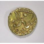 A Celtic gold stater, Gallo-Belgic type E, obverse blank, reverse with disjointed curved horse,