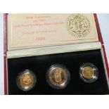 A UK 1489-1989, 500th anniversary gold three coin proof set, double sovereign to half sovereign