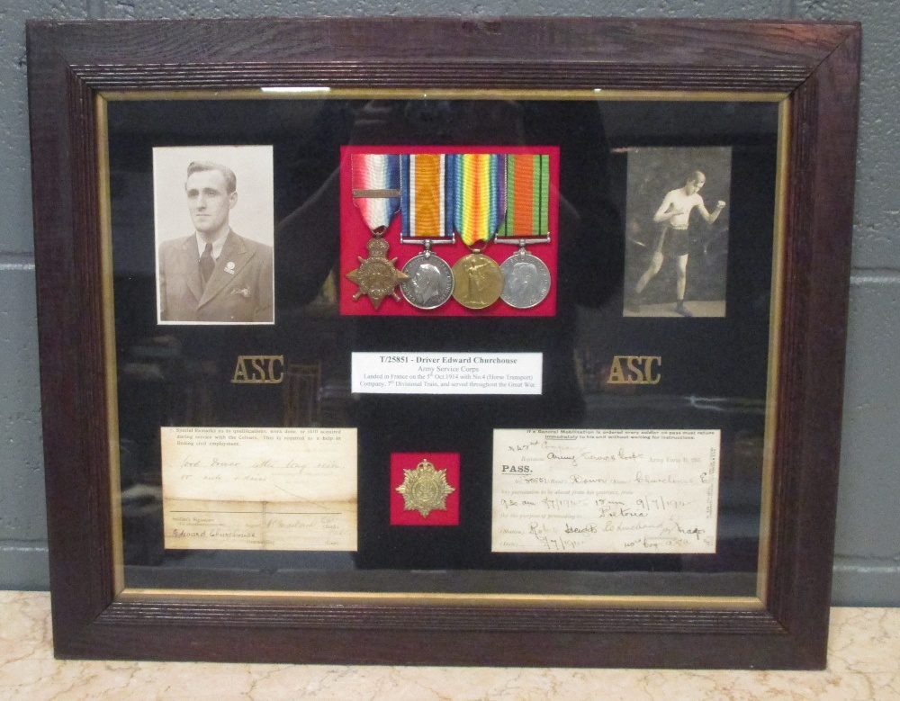 A framed group of WWI medals, to T/25851 driver Edward Churchouse, mounted with photograph and