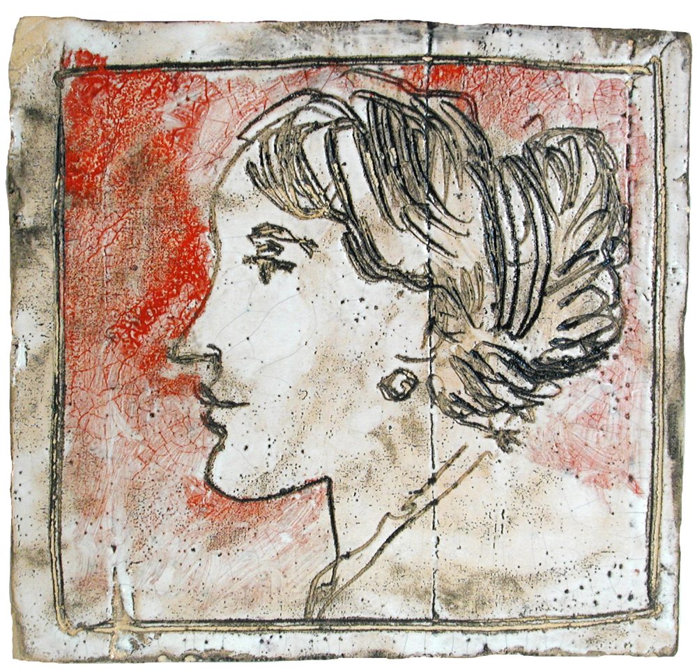 Quentin Bell, (British, 1910-1996), a handmade tile, incised with the profile of a woman in brown,