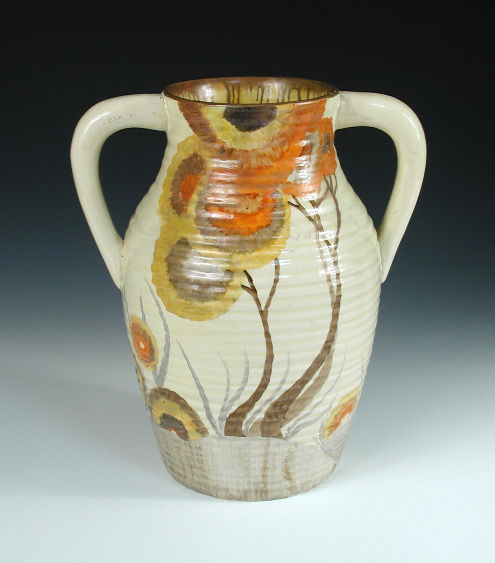 A Clarice Cliff Rhodanthe pattern twin-handled lotus vase, printed marks 30cm (12in) Heavily