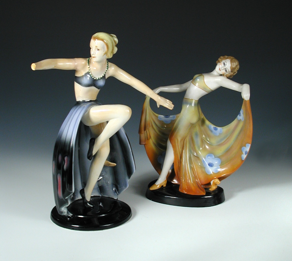 Two Continental Art Deco figures, each modelled as dancers, the first with printed and impressed