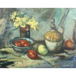 § Agnes Core Haggo (Scottish, 1902-1996) Still life of daffodils, a terracotta flagon and apples