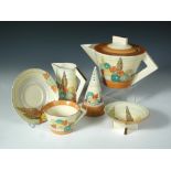 A Clarice Cliff Green Capri pattern conical tea service, comprising teapot and cover, milk jug,