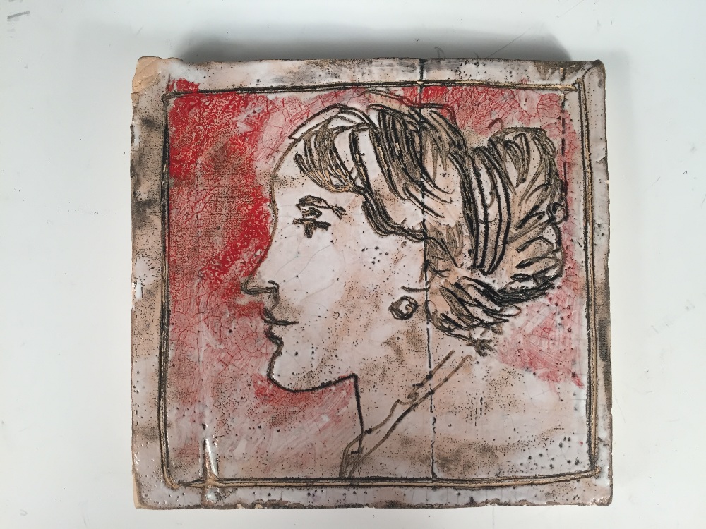 Quentin Bell, (British, 1910-1996), a handmade tile, incised with the profile of a woman in brown, - Image 2 of 3