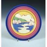 A Clarice Cliff Gibralter pattern plate, with banded border in blue, pinks and yelloiw, printed