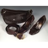 Ferragamo, a pair of brown textured leather shoes, size 35, flap over toe with 9cm wood effect heel,