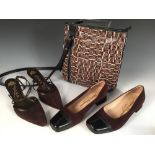 Ferragamo, a pair of brown court shoes, suede/patent chocolate brown, size 39, square toe, 2.5cm