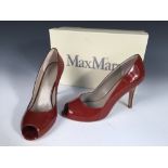 Max Mara, a pair of brown patent peep toe stilettos, with 10cm heel, size 37, boxed and bagged