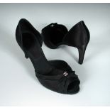 Chanel, a pair of black satin peep toe evening shoes, slip-on stiletto with black grosgrain lining