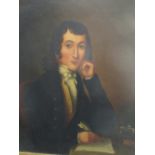 English School, early 19th century, portrait of a gentleman seated reading, oil on board, 46 x 39cm