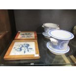 Attributed to Spode, a pair of jasper planters and underdishes, together with two Delft tiles