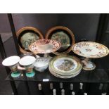 Four Prattware plates, decorated with Haddon Hall and Hafod etc., a pair of 19th century porcelain