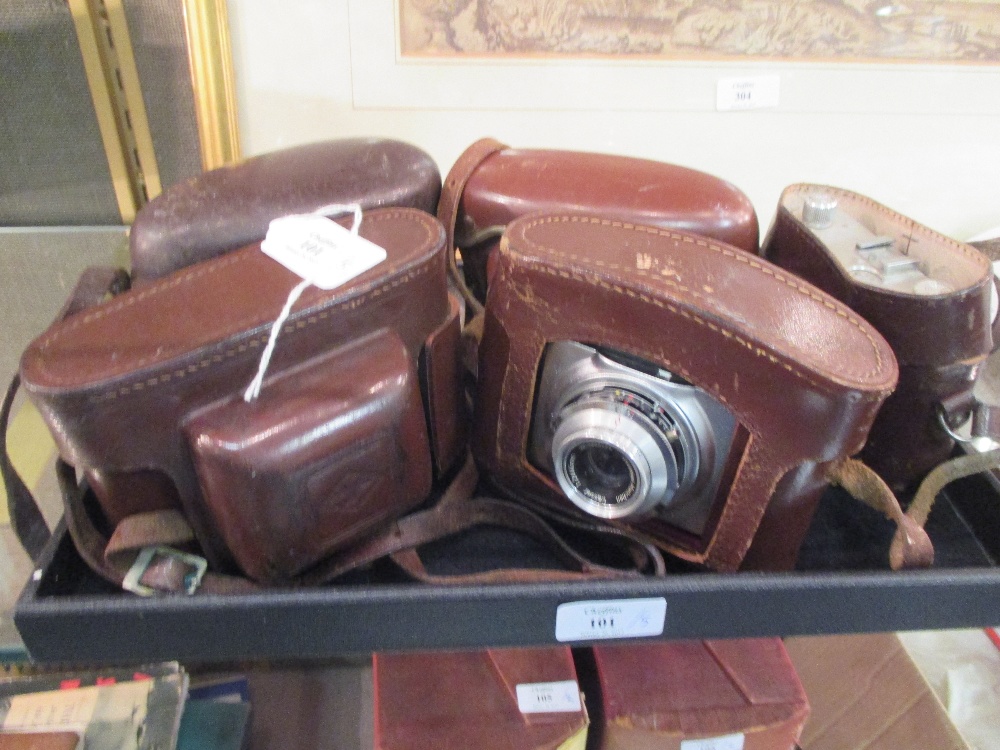 Five leather cased cameras by Agfa, Kodak and others