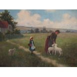 H Mackey (Scottish, 19th Century), Mother and child with lambs, oil on canvas, 39 x 60cm