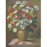 John Hall (British, 1921-2006), Still life of flowers, oil on board, unframed, 76 x 55cm Unframed