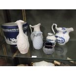 An Adams blue & white Jasper ware jardiniere and other porcelain