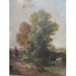 English school 19th century, rustic scene with a young woman and dog, cattle watering, oil on