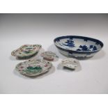 Four various Canton dishes together with an English blue and white bowl