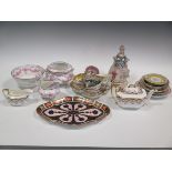 A Crown Derby Imari palette tray, a collection of tea wares, a figure etc