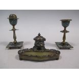 A pair of French champleve candlesticks en suite with an inkwell