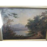 English School (18th Century), Low Wood, Lake Windermere, Lakeland scene with a woman in red on a
