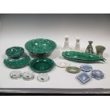 A quantity of assorted Wedgwood to include blue and green jasperware, paperweights, a pair of