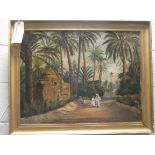 After Frederick Goodall, (British 20th century), two figures on a path amongst palm trees, oil on