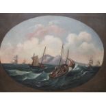 English School (late 18th-19th Century) Ships on stormy sea with fishermen wearing red turbans, in a