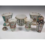 A group of continental porcelain to include a pair of 'AR' planters and stands, Dresden two-