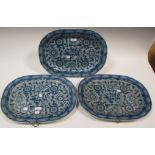 Three blue and white earthenware serving plates (one cracked) 41 x 29cm