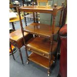 A Victorian mahogany four tier whatnot containing a single drawer on porcelain castors, 118cm high