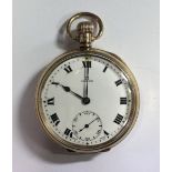 Omega - a 9ct gold open faced pocket watch, the white dial printed with Roman numerals in black,