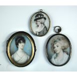 English School (circa 1810) Portrait miniature of a lady with a pearl head dress and white dress,