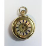 Unsigned - a Swiss 18ct gold half hunter cased fob watch the engraved gold coloured dial with