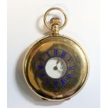Waltham - a 9ct gold cased half hunter pocket watch the white enamel dial printed with Roman