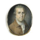 Ozias Humphry (British, 1742-1810) Portrait miniature of a gentleman wearing brown jacket and