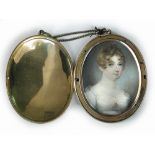 English School (19th Century) A Regency portrait miniature of a young lady wearing a white dress