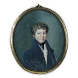 Michael Theweneti (British, 19th Century) Portrait miniature of a young man wearing blue jacket,