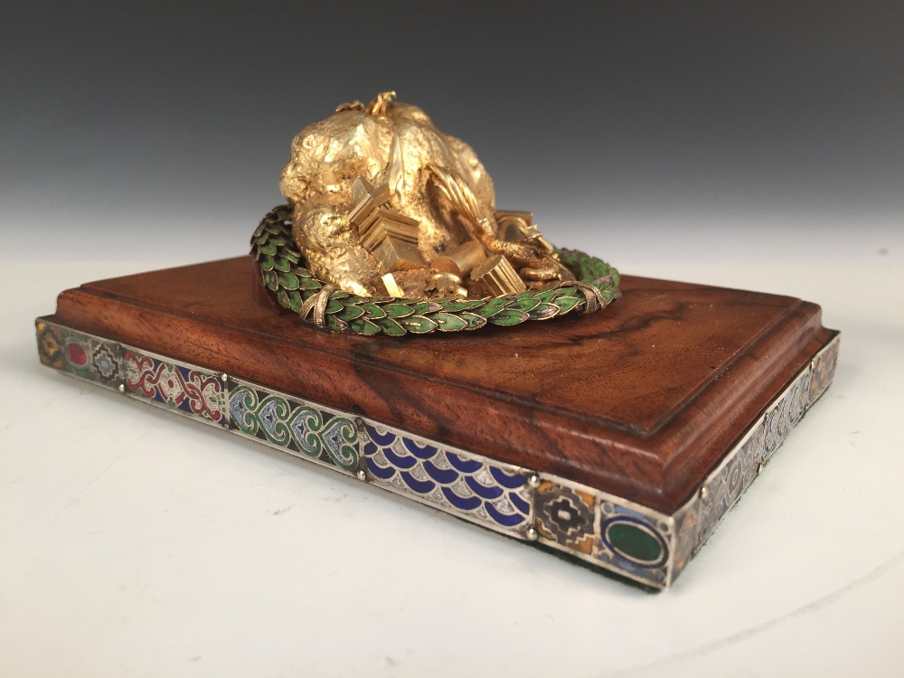 A silver gilt desk ornament or paperweight, modelled as an erupting volcano with a dragon and - Image 3 of 7