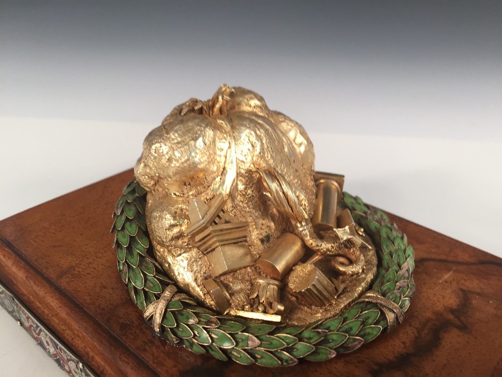 A silver gilt desk ornament or paperweight, modelled as an erupting volcano with a dragon and - Image 4 of 7