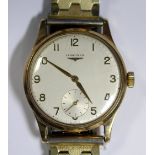 Longines - a gentleman's 9ct gold cased wristwatch, the silvered dial with gold coloured Arabic