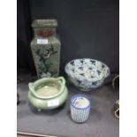 A Chinese blue and white bowl, 18cm diameter, together with a Japanese tea bowl and other Chinese