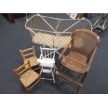 A Victorian childs highchair, a cot and various childrens chairs