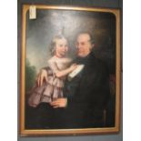 English School (19th Century), Portrait of a gentleman with his daughter in a pink dress and coral